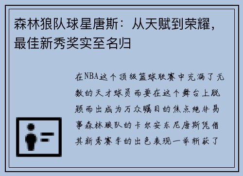 森林狼队球星唐斯：从天赋到荣耀，最佳新秀奖实至名归